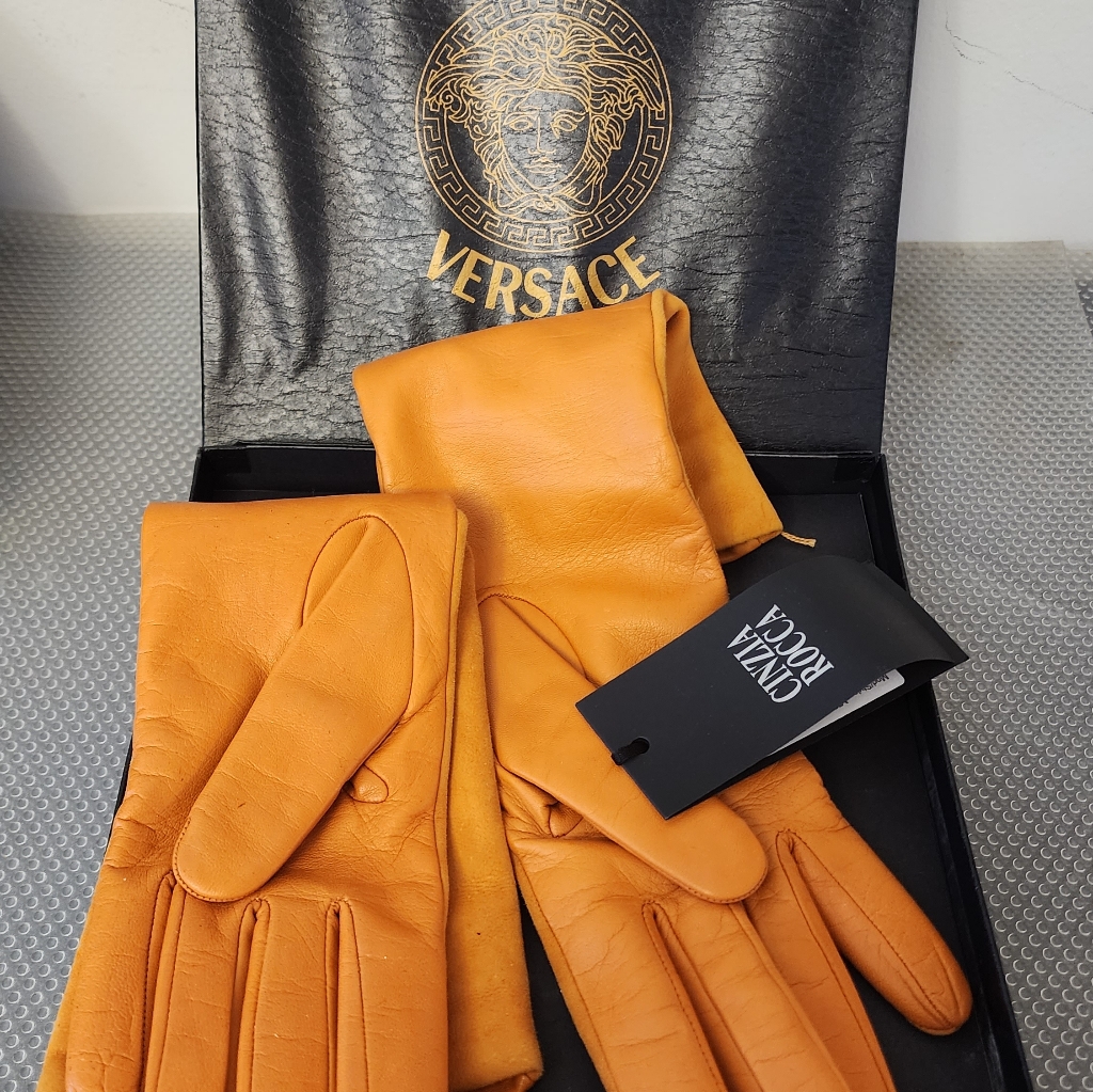 New Cinzia Rocca Long Orange Leather Elbow Gloves 7.5